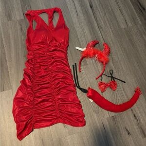 Papaya Red Ruched Dress with Devil Accessories